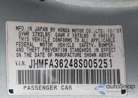 2008 Honda Civic Hybrid from USA, damaged, VIN JHMFA36248S005251